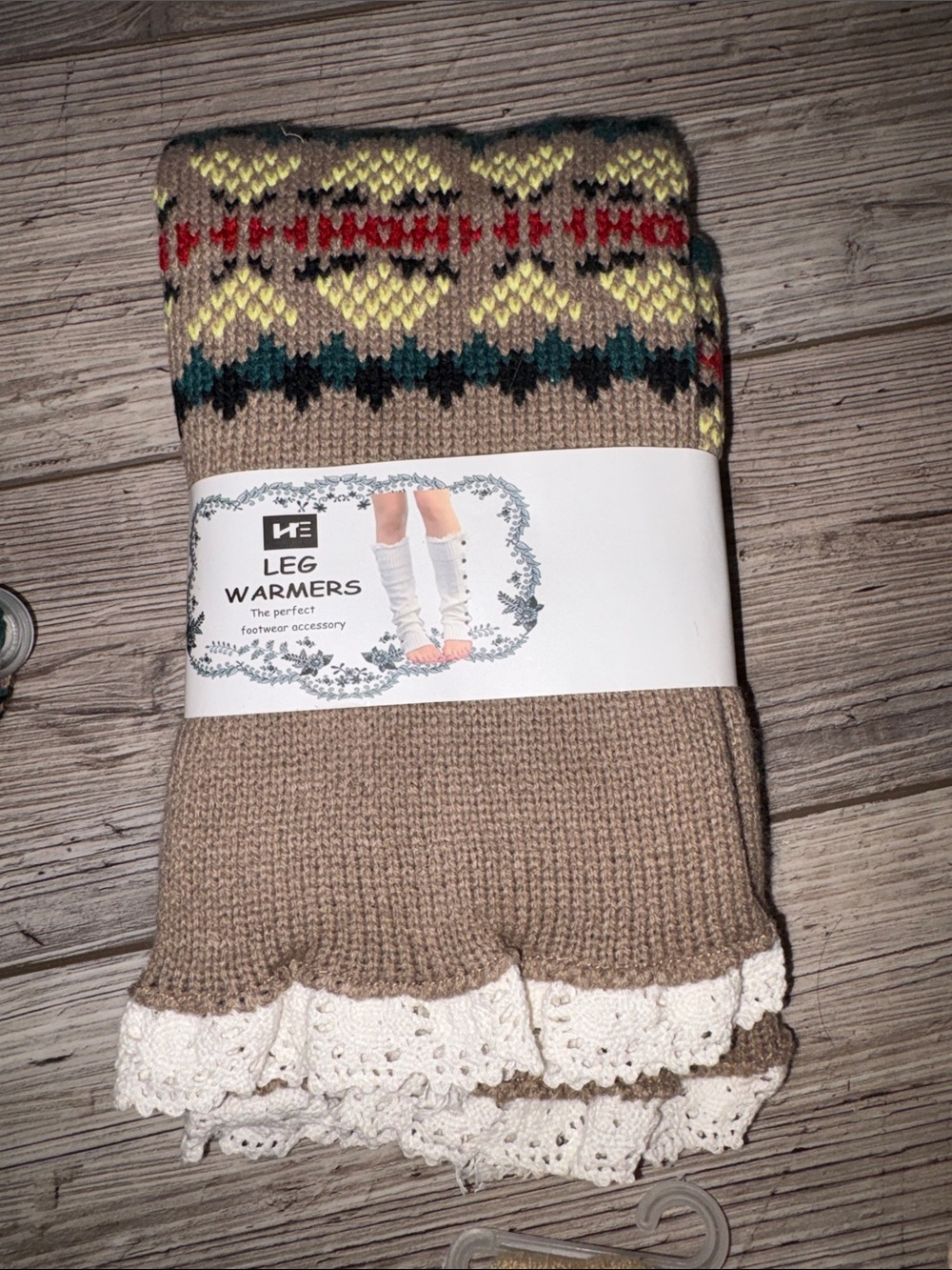 NWT Knit Leg Warmers with Lace Trim - Taupe with Multicolor Pattern